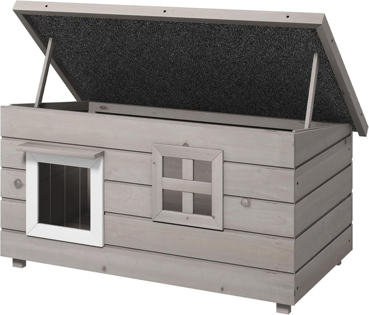 PawHut Katzenhaus aus Holz wasserdicht Katzenhütte mit Asphaltdach klappbarem Deckel Fenster Winterf