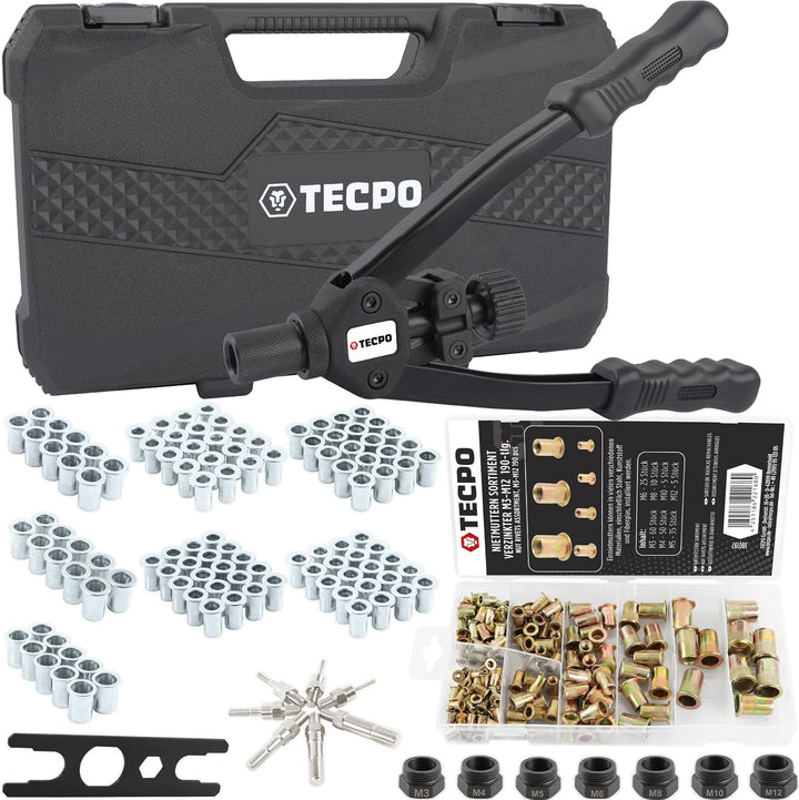TECPO Profi Nietmutternzangen Satz M3-M12 Niet-Zange mit Nietmuttern Nieten Satz 110-teilig