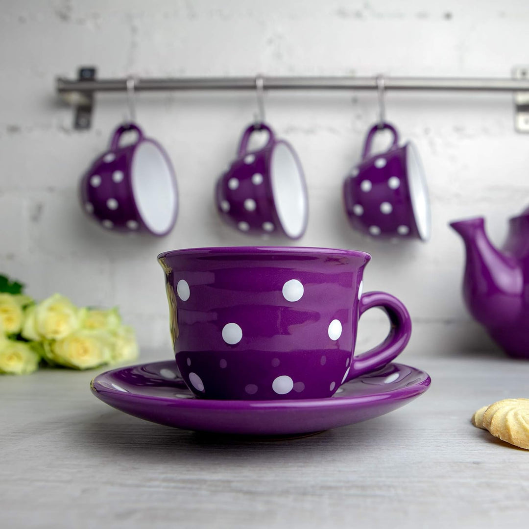 City to Cottage® - Kaffeebecher Teetasse 250 ml | Lila und Weiss | Polka Dots | Handgemacht | Kerami