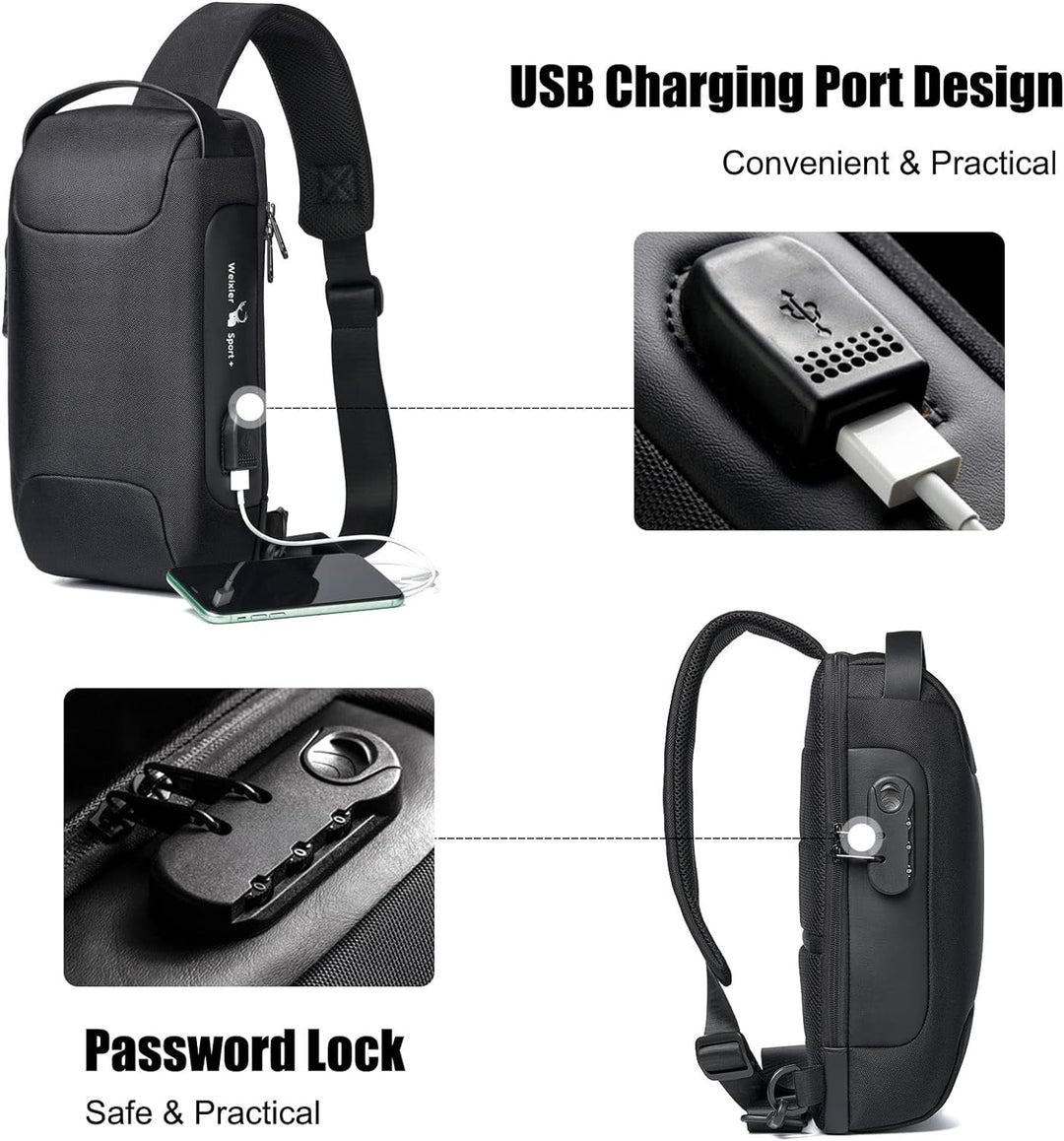 FANDARE Brusttasche Diebstahlschutz Sling Bag Herren Damen Umhängetaschen mit USB-Ladeanschluss Schu
