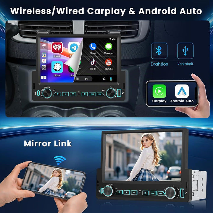 Hikity 1 Din Autoradio Carplay Android Auto Kabelgebundenes 7 Zoll Incell Touchscreen Bildschirm mit