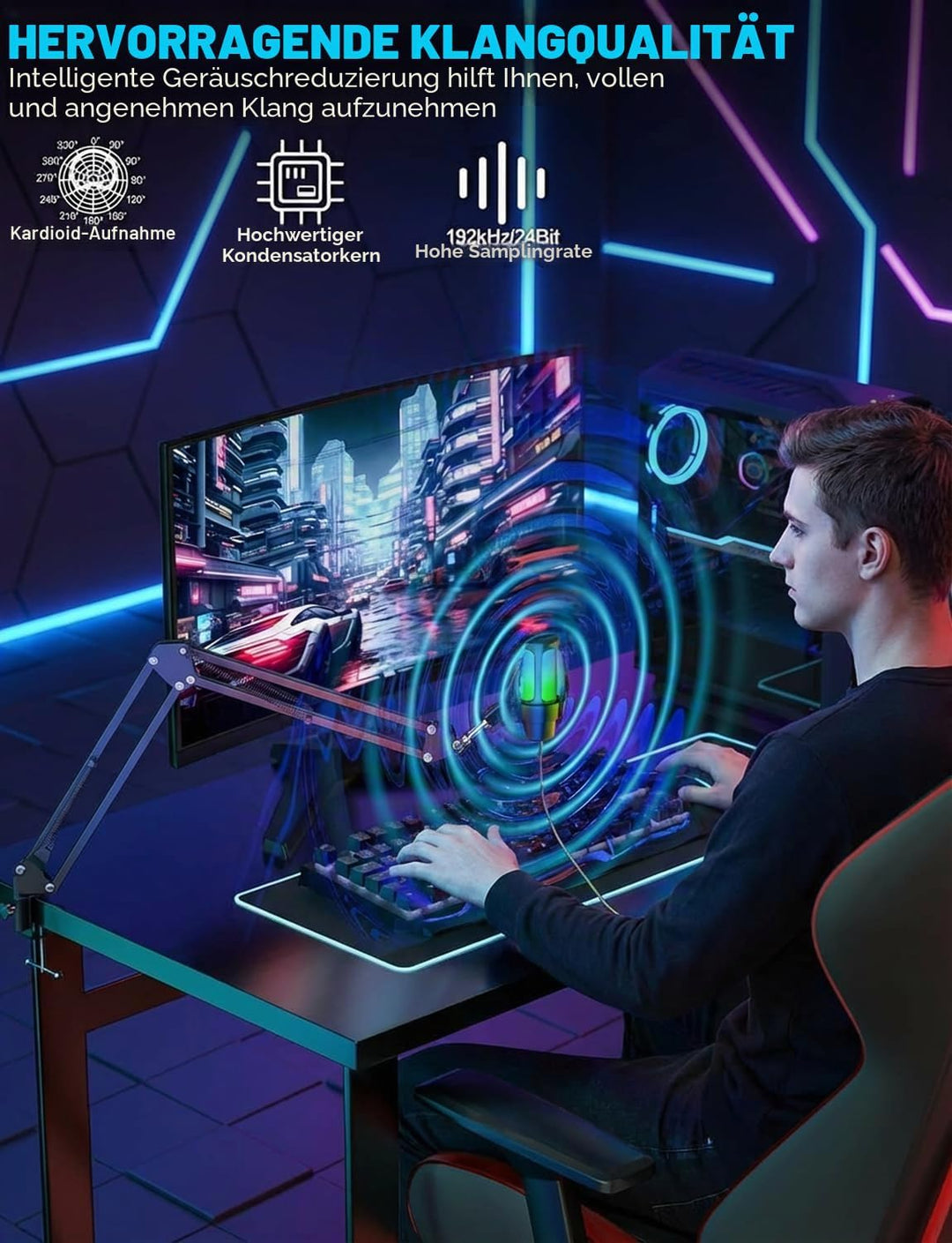 Gaming Mikrofon mit Arm Plug & Play USB Kondensator Mikrofon mit RGB Licht, Mute-Taste, Pop-Filter &