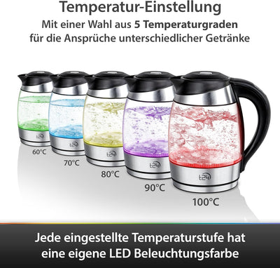 T24 Glas Wasserkocher 1,8 L Temperaturwahl 60-100°C mit Teesieb 2200 Watt, Borosilikatglas Teekocher