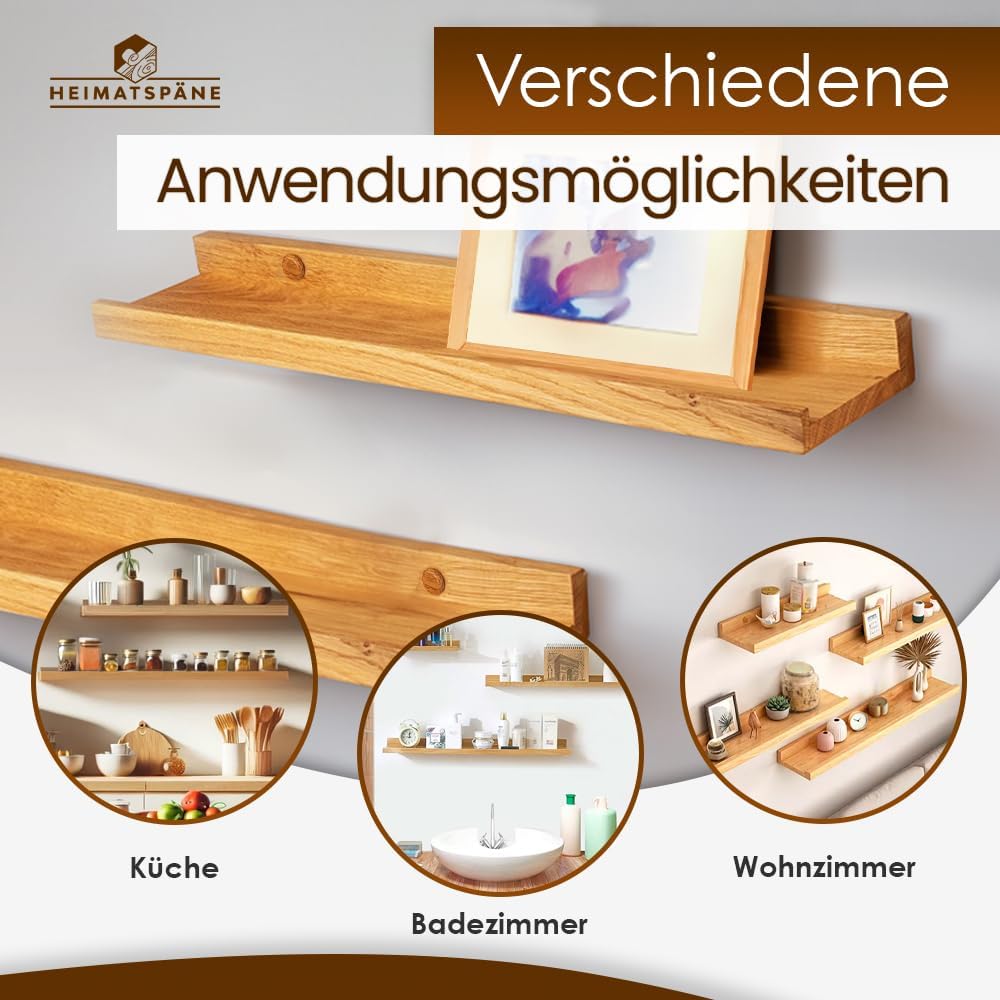 Heimatspäne 2er-Set Bilderleiste Holz 40cm – Echtes Eichenholz, freischwebende Regalbretter inkl. Sc