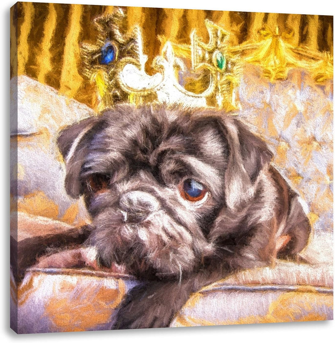 Mops mit Krone auf Thron, Format: 70x70 auf Leinwand, XXL riesige Bilder fertig gerahmt mit Keilrahm