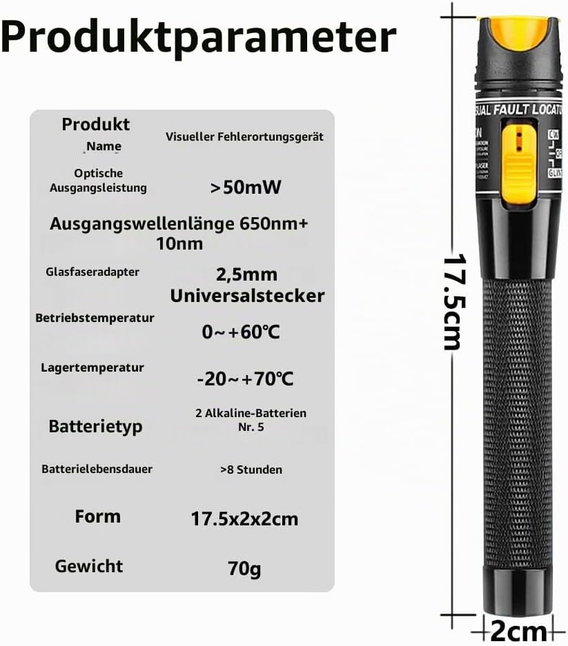 Guakiili 50MW FTTH Glasfasertester, visueller Fehlerorter in Stiftform mit FC-LC-Adapter, Rotlichtst