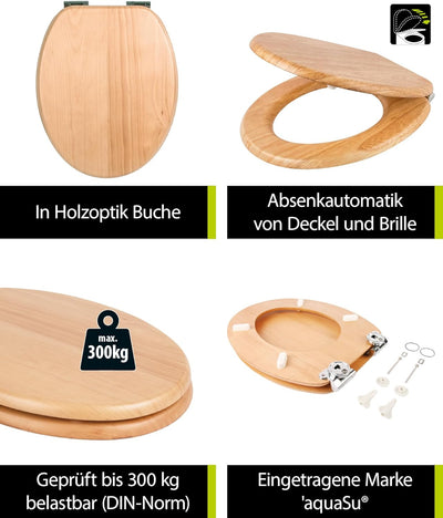 'aquaSu® Holz WC-Sitz mit Absenkautomatik Venezia | Toilettendeckel in Buche | Holzkern Toilettensit