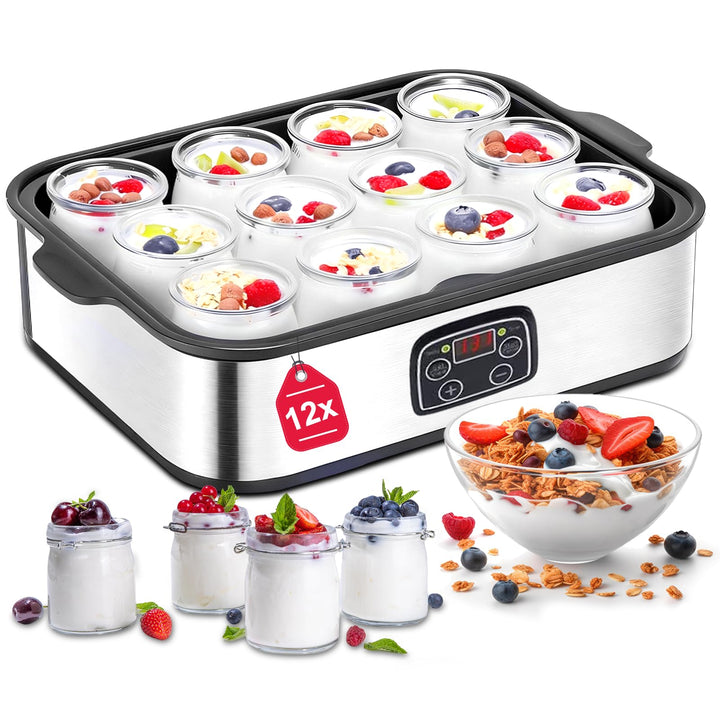 Joghurtbereiter 25W inkl 12 Glasbehälter à 180 ml Gesamtkapazität 2160 ml Digitaler Yogurt Maker mit