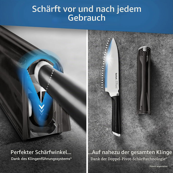 Tefal Ever Sharp Kochmesser, 16,5 cm, integrierter Messerschärfer in der Hülle, Scheibe, schneidet u
