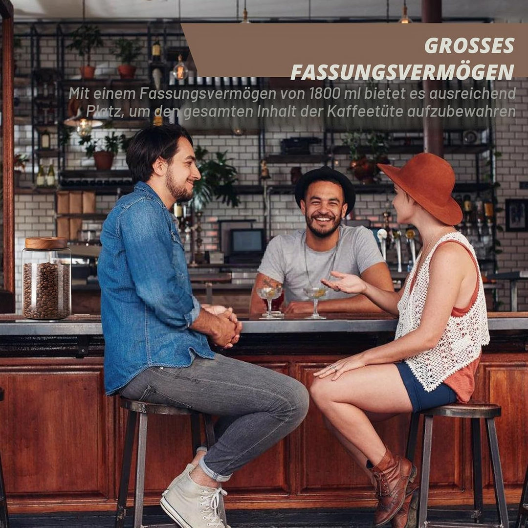 BAIFULAI 1800ml Vakuum Luftdicht Kaffeedose aus Glas: Auslaufsichere Kaffeebohnen Behälter mit Einwe