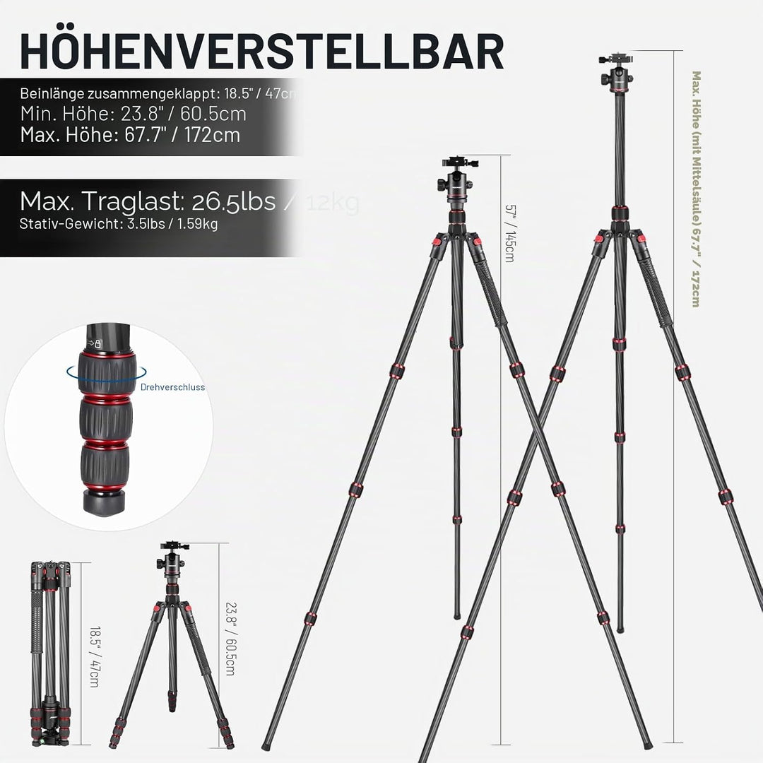 Neewer Kohlefaser 168 Zentimeter Stativ Einbeinstativ mit 360 Grad Kugelkopf, 1/4&
