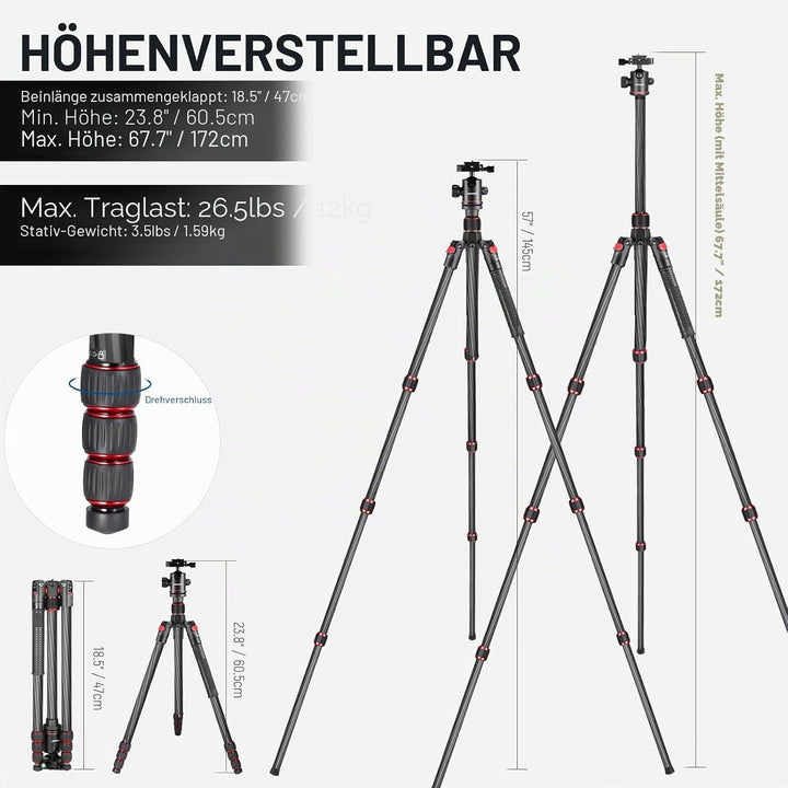 Neewer Kohlefaser 168 Zentimeter Stativ Einbeinstativ mit 360 Grad Kugelkopf, 1/4&