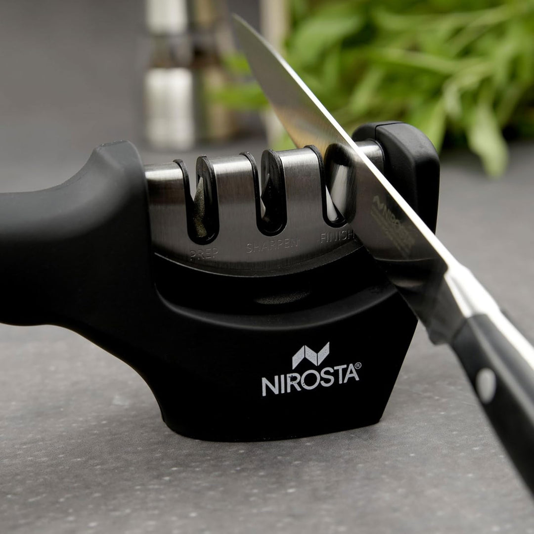 Nirosta Messerschärfer, 3 Stufen, ABS, Elastomer, Edelstahl, Schwarz und Edelstahl, 1 Stück