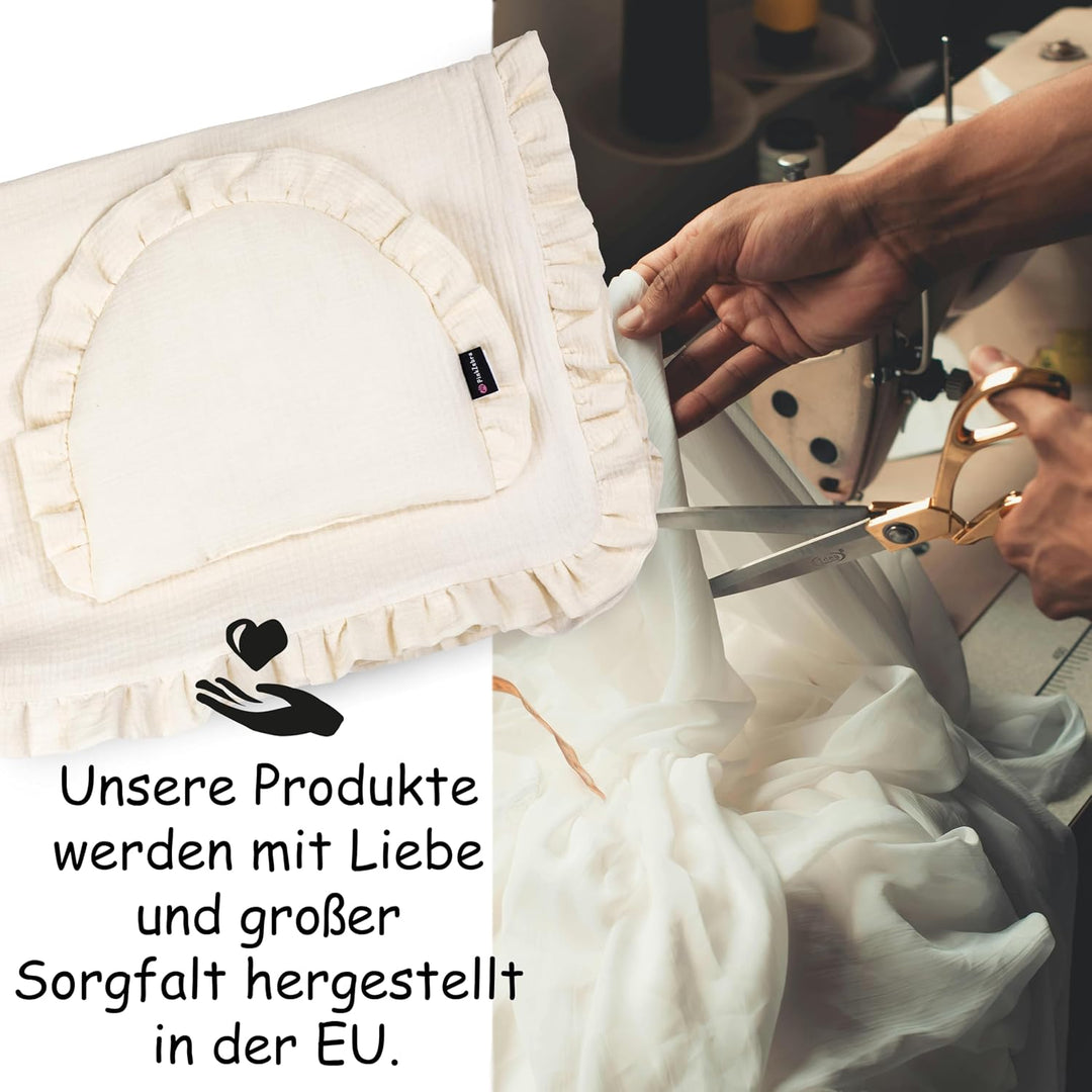PinkZebra Musselin-Bettwäsche mit Rüschen für Babys, Set Babybettwäsche: weiches Flachkissen + 4-lag