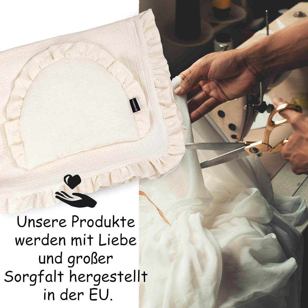 PinkZebra GOTS Musselin-Bettwäsche mit Rüschen für Babys, Set Babybettwäsche: weiches Flachkissen +