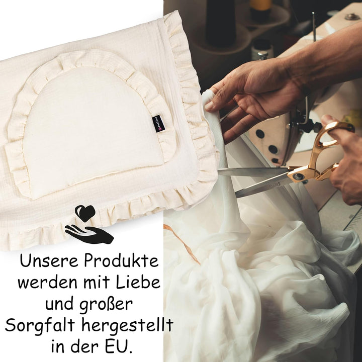 PinkZebra GOTS Musselin-Bettwäsche mit Rüschen für Babys, Set Babybettwäsche: weiches Flachkissen +