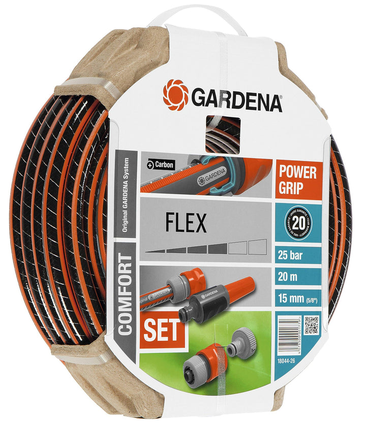 Set de manguera Flex Ø 15 mm Con 20 m de manguera, lanza y accesorios de riego.