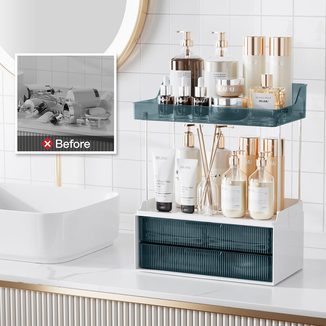 Delamu Make Up Organizer mit 2 Schubladen, 2 Etagen Kosmetik Organizer, Multifunktions Grösser Kosme