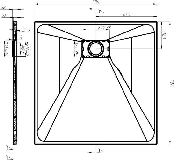 Duschwanne 90x90 cm SMC Brausewanne Schwarz Steinoptik Antirutsch Duschtasse Höhe 3,2 cm Niedrige Sc