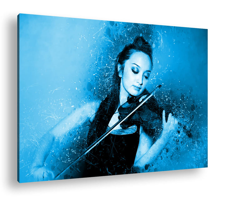deyoli schöne Frau spielt Geige Format 80x60 Effekt: Monocrome Blau als Leinwandbild, Motiv fertig g