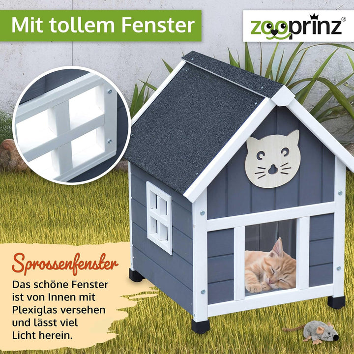 zooprinz Holz Katzenhaus – Katzenhütte im Skandi-Look, Grau-Weiss | Katzenkiste mit Bitumen-Dach für