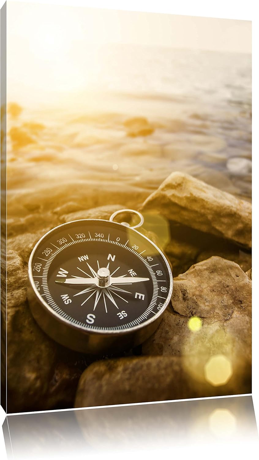 Kompass auf Steinen Reiselust Format: 100x70 auf Leinwand, XXL riesige Bilder fertig gerahmt mit Kei