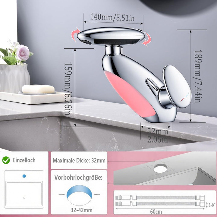 Wasserhahn Bad 4 Modus, LED Waschtischarmatur mit ausziehbarer brause, Wasserfall Mischbatterie Bad,