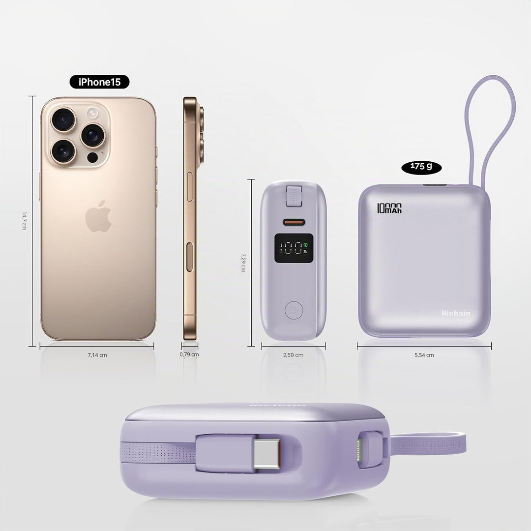 Hichain Power Bank Klein, 10000mAh 22,5W Powerbank USB C Schnellladen mit Integriertem USB-C Kabel,