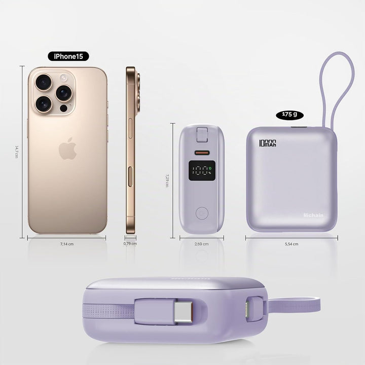Hichain Power Bank Klein, 10000mAh 22,5W Powerbank USB C Schnellladen mit Integriertem USB-C Kabel,