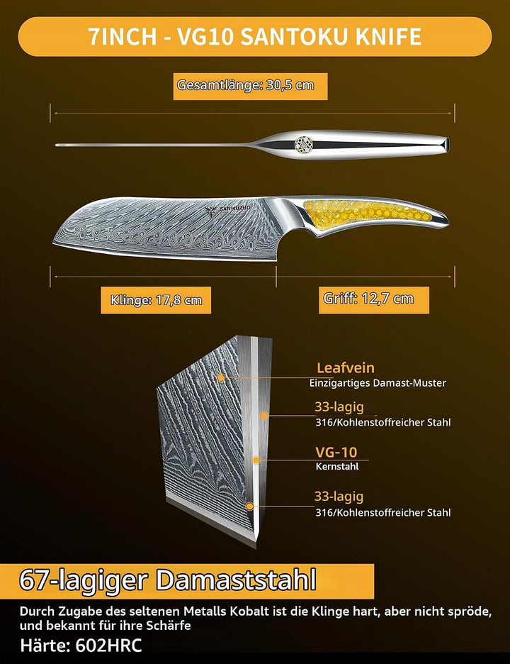 SANMUZUO 17,5CM Santokumesser, Kochmesser aus Japanischem VG-10-Damaststahl, ultrascharfes Küchenmes