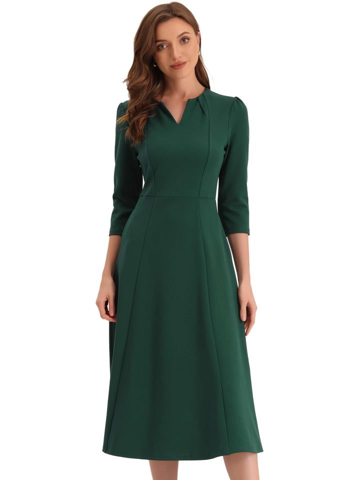 Allegra K Damen 3/4-Ärmeln A-Linie V-Ausschnitt Business Kleid Taschen Arbeit Elegant Midikleid XS D