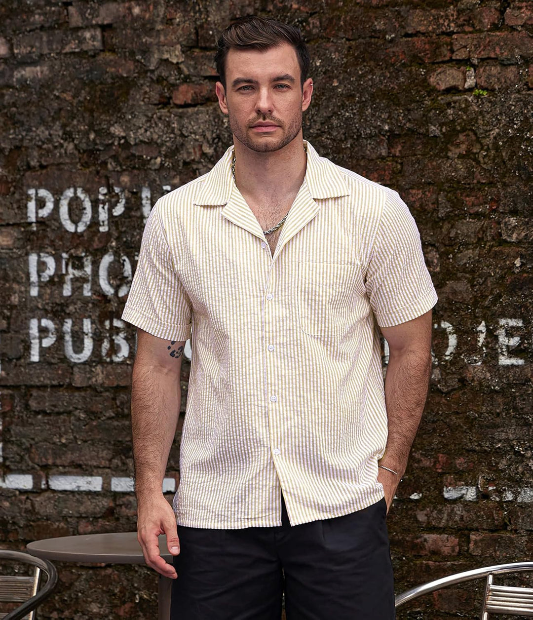 VATPAVE Herren Gestreifte Sommerhemd Casual Button Down Kurzarm Strand HawaiiHemd M Khaki, M Khaki