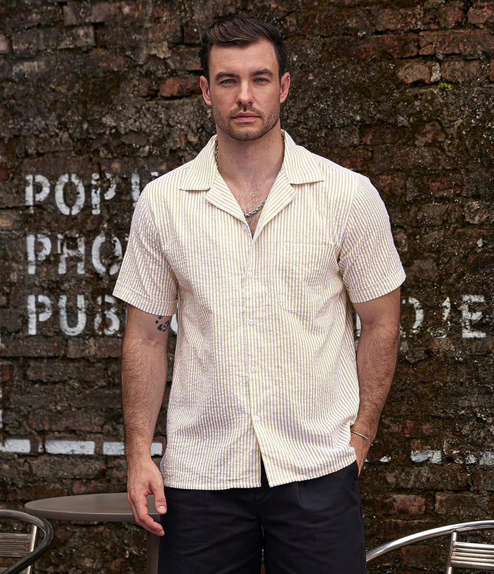 VATPAVE Herren Gestreifte Sommerhemd Casual Button Down Kurzarm Strand HawaiiHemd M Khaki, M Khaki
