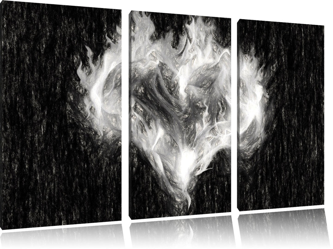Pixxprint Dark - Herz aus Feuer und Wasser Kohle Effekt 3-Teiler Leinwandbild 120x80 Bild auf Leinwa
