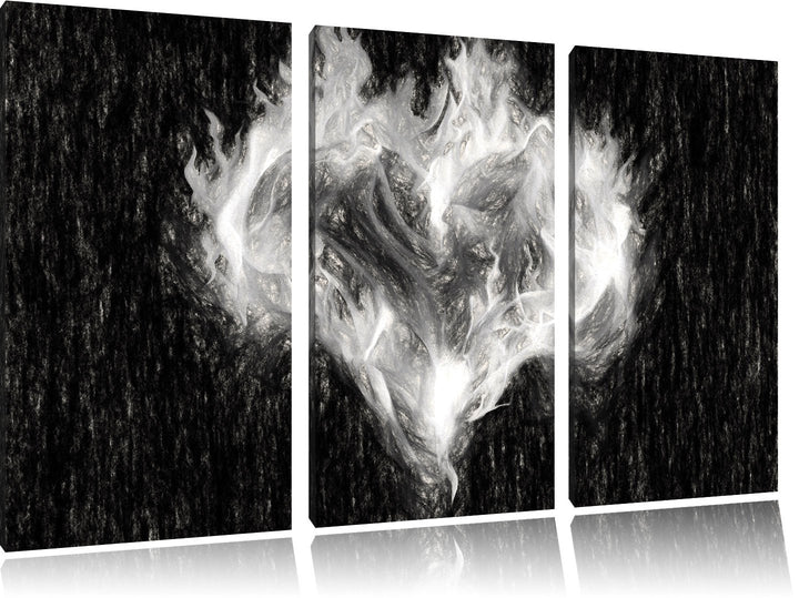 Pixxprint Dark - Herz aus Feuer und Wasser Kohle Effekt 3-Teiler Leinwandbild 120x80 Bild auf Leinwa