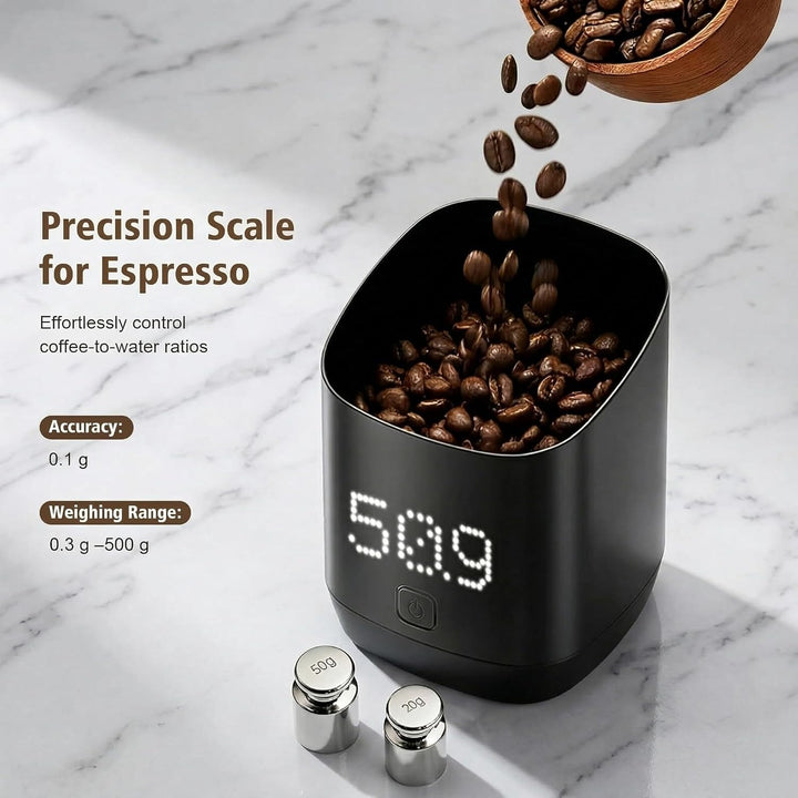 Kaffeewaage Siebträger 500g, digitale Feinwaage mit LED, 0.1g | Wiederaufladbar (USB-C), Tara-Funkti