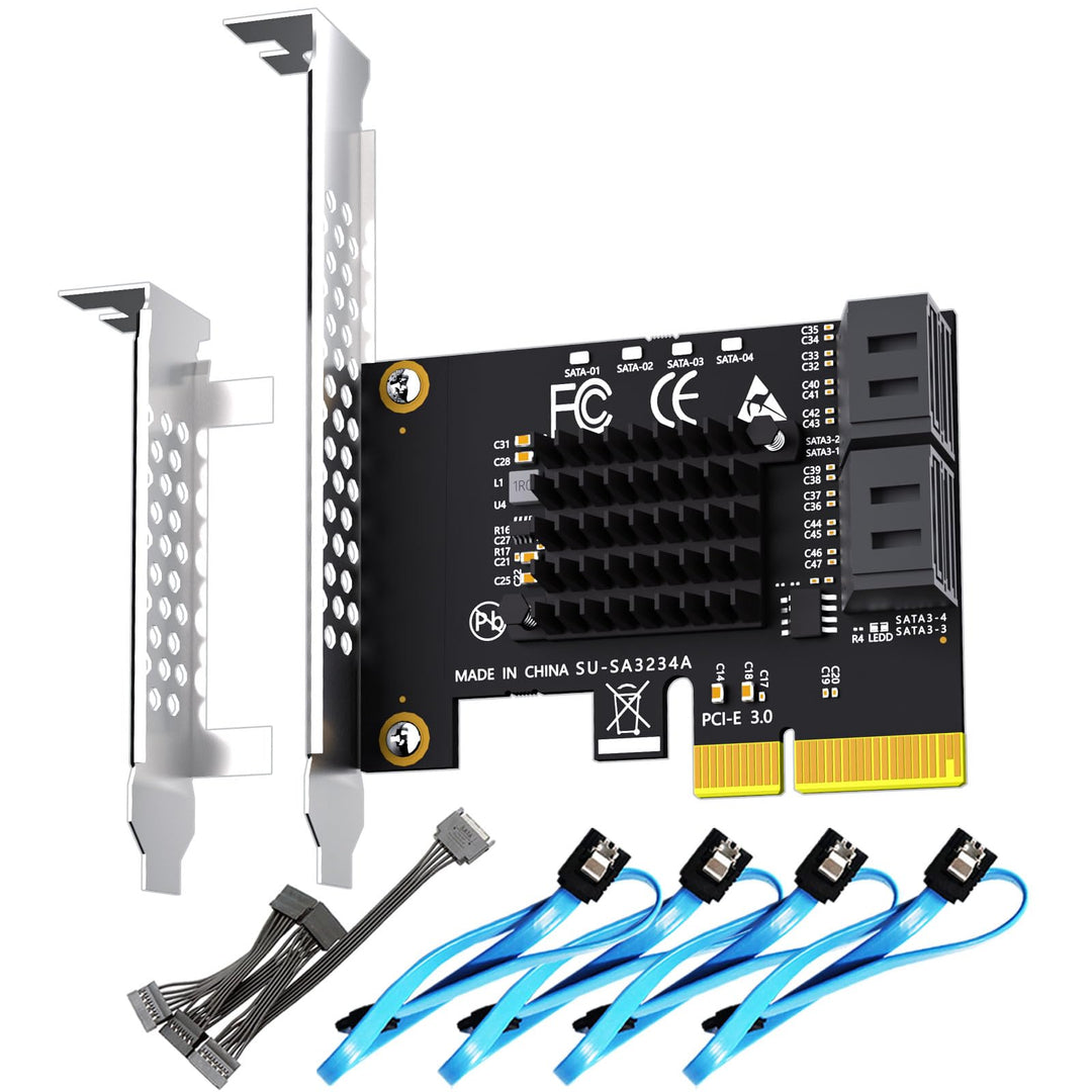 GLOTRENDS SA3234-C 4-Port PCIe X4 SATA Erweiterungskarte mit SATA- und Stromkabeln, kompatibel mit W