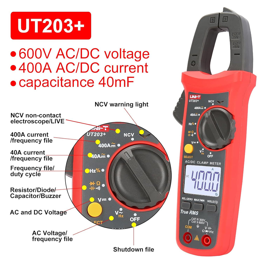 UNI-T UT203+ Digital Clamp Meter AC/DC Current Auto Range True RMS Max/Min Backlight Multimeter, UT2