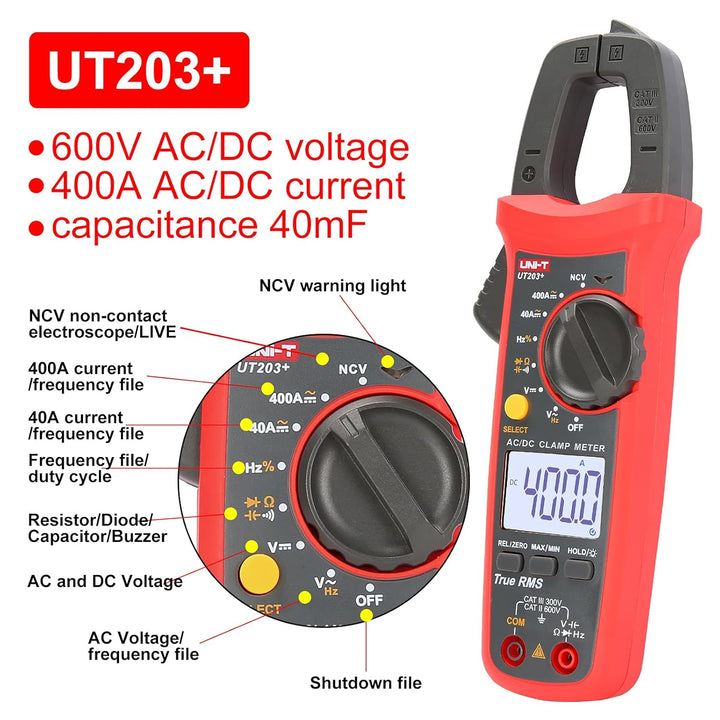 UNI-T UT203+ Digital Clamp Meter AC/DC Current Auto Range True RMS Max/Min Backlight Multimeter, UT2