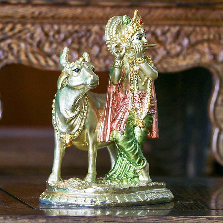 alikiki Hinduistische Gott, Lord Krishna, Statue – 13 cm H Baby Krishna Idol mit Kuh Nandi Statue In
