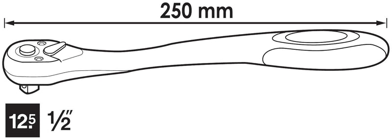 ViGOR 1/2 Zoll (12,5 mm) Ratsche 250 mm V6012, gekröpfte Ausführung mit 72 Zähnen, 5 Grad Betätigung