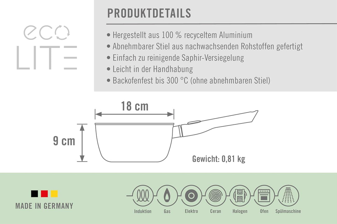 Woll Eco Lite QXR Stieltopf - Induktiv - Ø 18 cm, 9 cm hoch, 1.6 Liter, mit abnehmbarem Stiel - Geei
