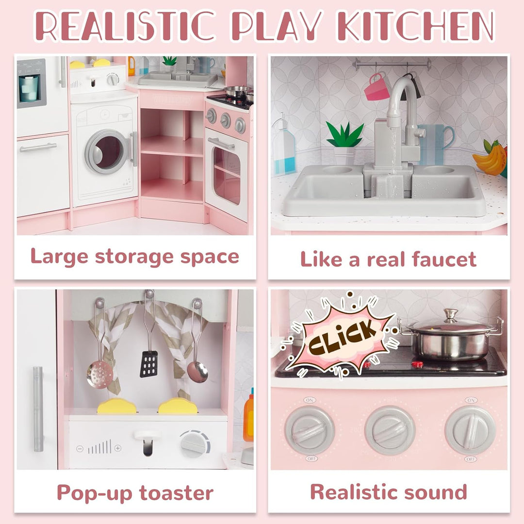 Rosa Hölzerne Kinderküche, Kinderspielküche mit Spüle Herd Backofen, Holzküche Spielzeugküche, Spiel