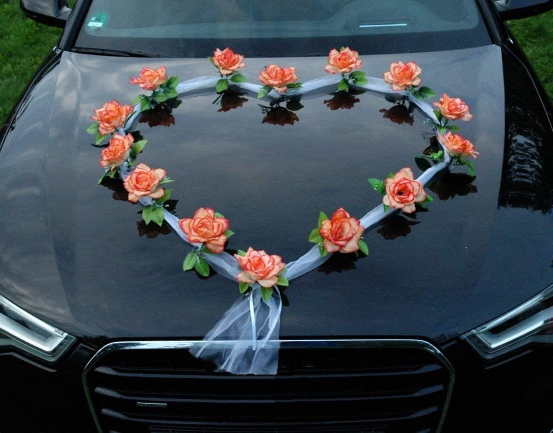 Organza Herz Auto Schmuck Braut Paar Rose Deko Dekoration Autoschmuck Hochzeit Car Auto Wedding Deko