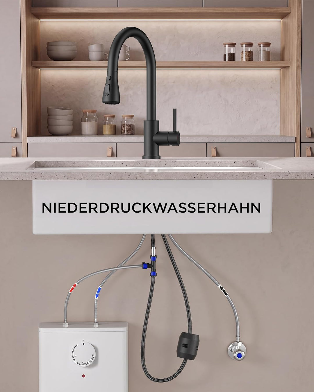 FORIOUS Niederdruck Armatur Küche, Küchenarmatur Ausziehbar mit 2 Strahlarten, Mischbatterie mit 3 A