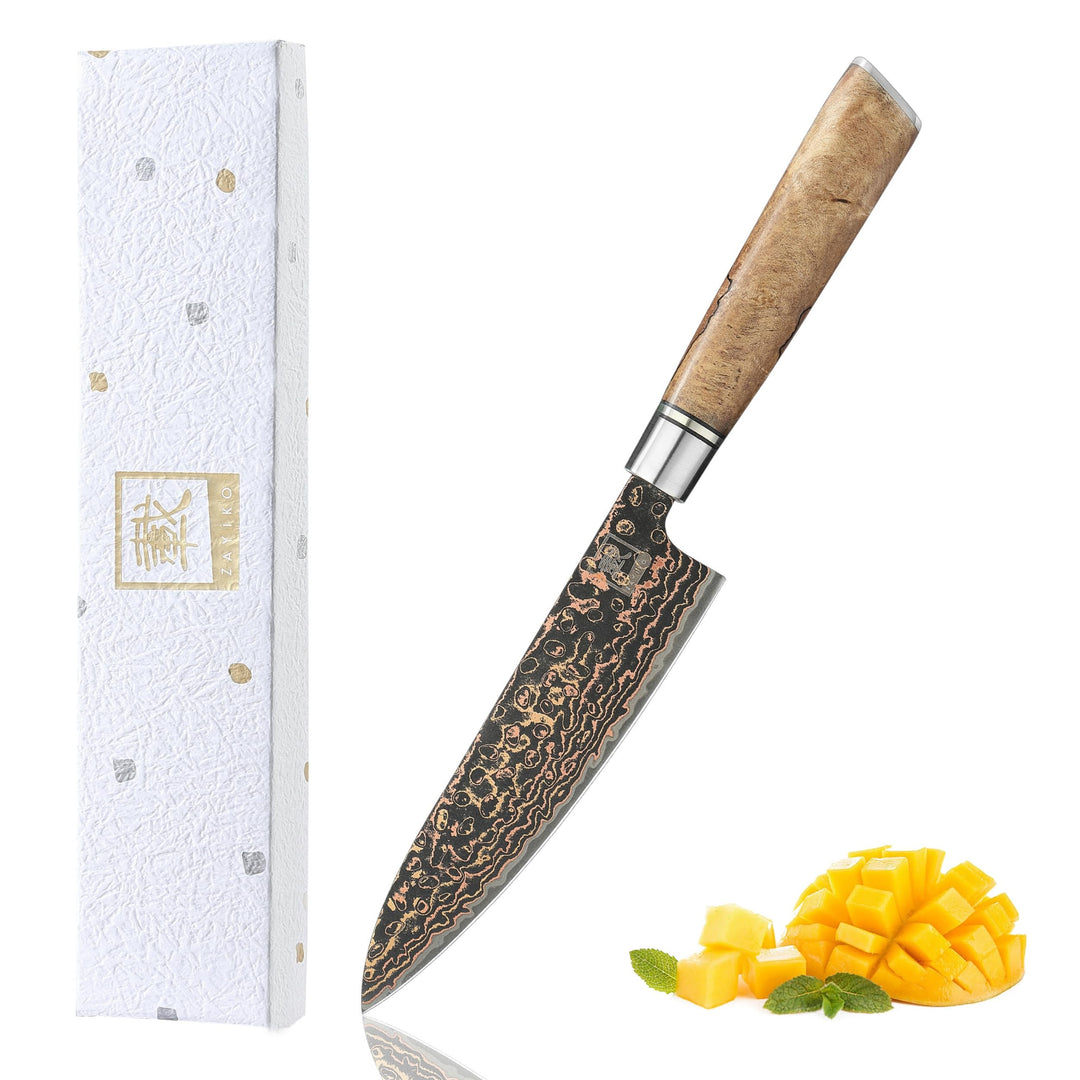 zayiko BlackMagma Damastmesser I 14 cm Klinge aus Damaststahl mit Kupfer &amp; Bronze sowie Ahornholzgri