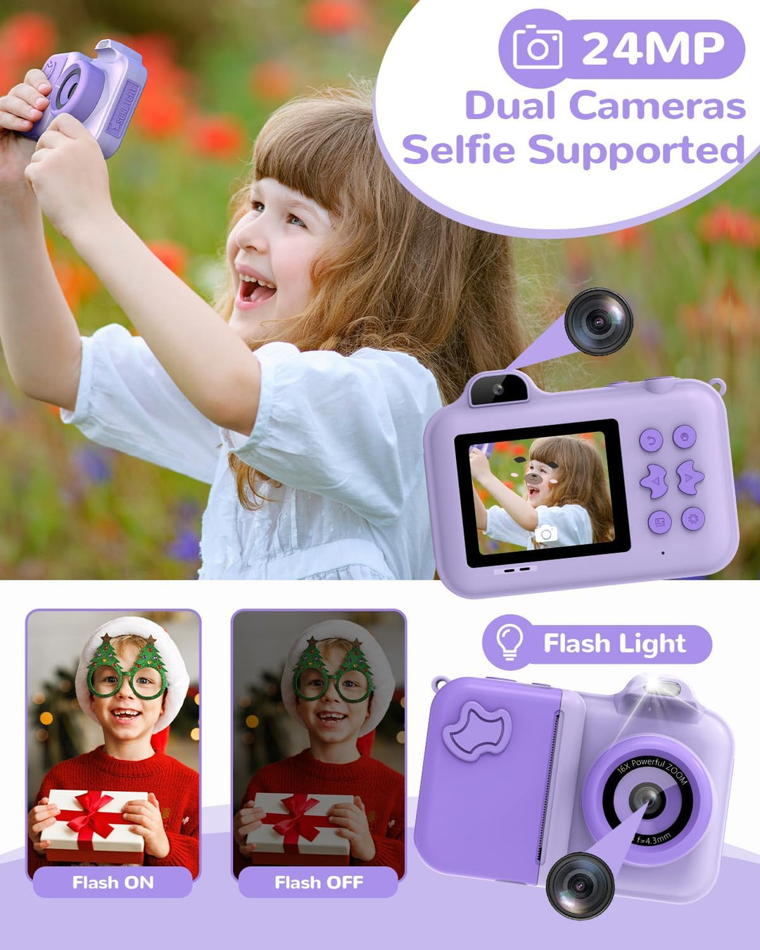 JoJoego Kinderkamera Sofortbildkamera, 2,4-Zoll 24MP Kinder Digitalkamera mit Selfie,1080P HD Dual-K
