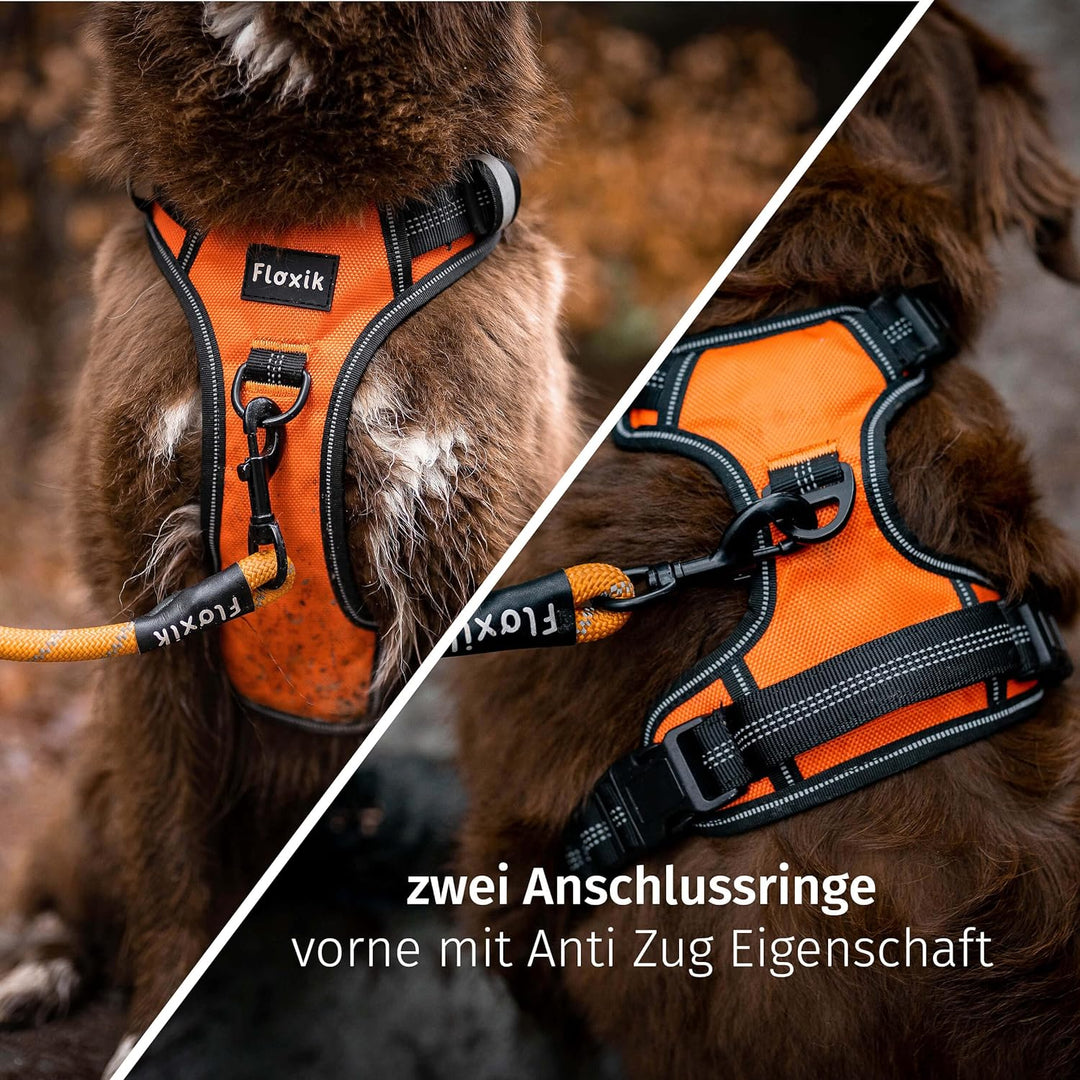 Floxik Hundegeschirr grau M | Anti Zug Brustgeschirr reflektierend &amp; gepolstert mit Haltegriff für m