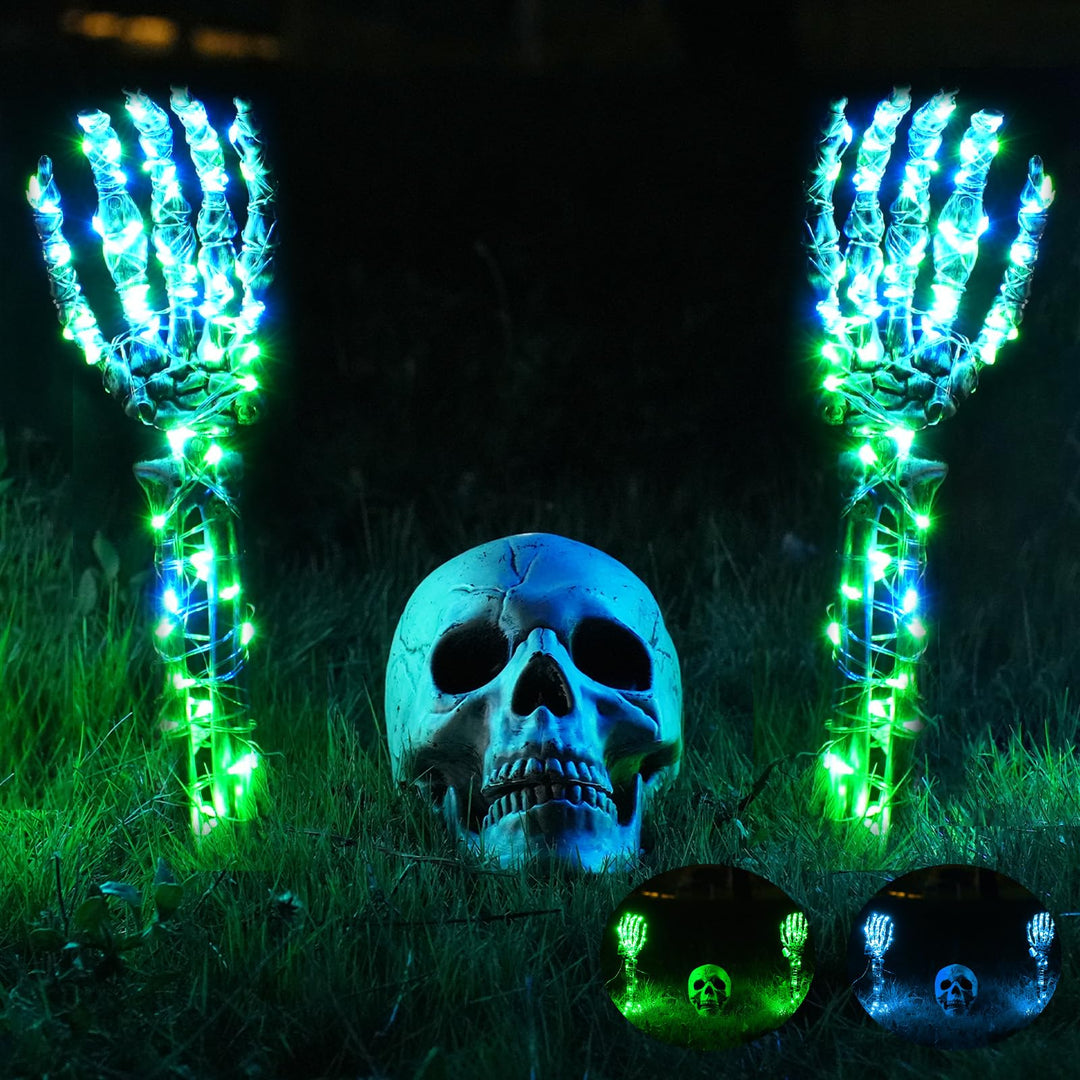 Maxee Halloween Leuchtende Skelett Totenkopf Set, 1 Totenkopf und 2 Schädel Hände mit 2 Grüne LED-Li