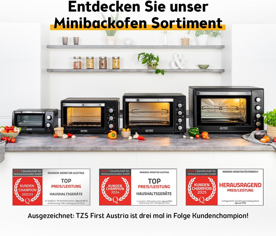 TZS First Austria - 30 Liter Minibackofen mit 1600 Watt schwarz| Unter-Oberhitze bis 230 Grad stufen
